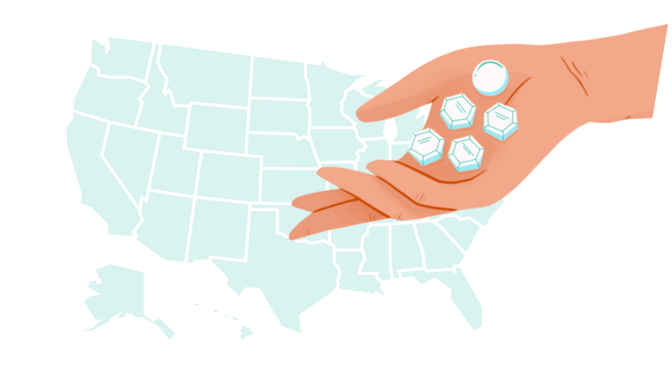 Mano con pastillas abortivas en los 50 estados